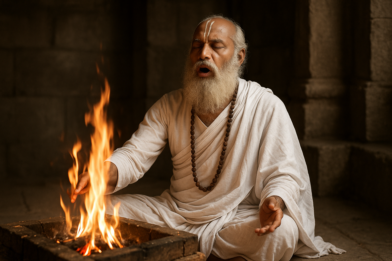 A+serene+image+of+an+ancient+Udgatar+priest+in+traditional+white+robes+performing+Samaveda+chanting+at+a+sacred+fire+ceremony,+capturing+the+essence+of+sacred+sound+transmission